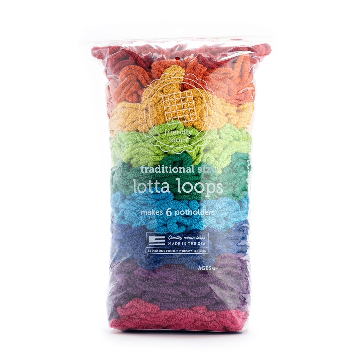 Potholder Loops: Traditional Size Rainbow cotton loops in vibrant colors for making 6 potholders with a 7 inch loom.