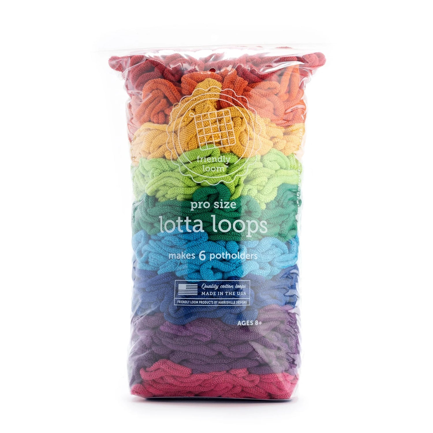 Potholder Loops: Pro Size Rainbow bag filled with colorful loops for making 6 potholders on metal Pro Loom