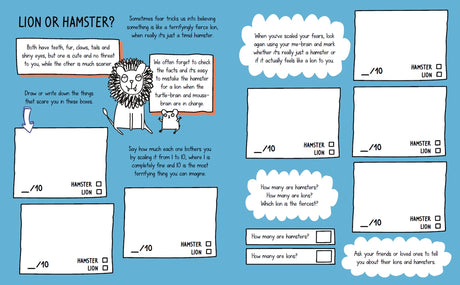 Open activity book page titled Lion or Hamster with spaces for drawing and rating fears as either lion or hamster in a playful blue layout