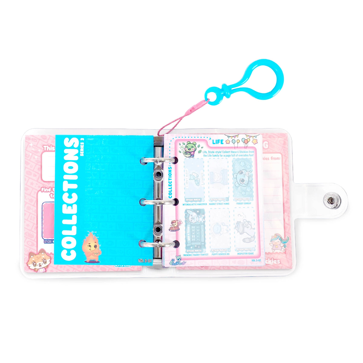 Sticki Rolls Sticki Book Series 3 open sticker book with colorful collection pages and wrist strap