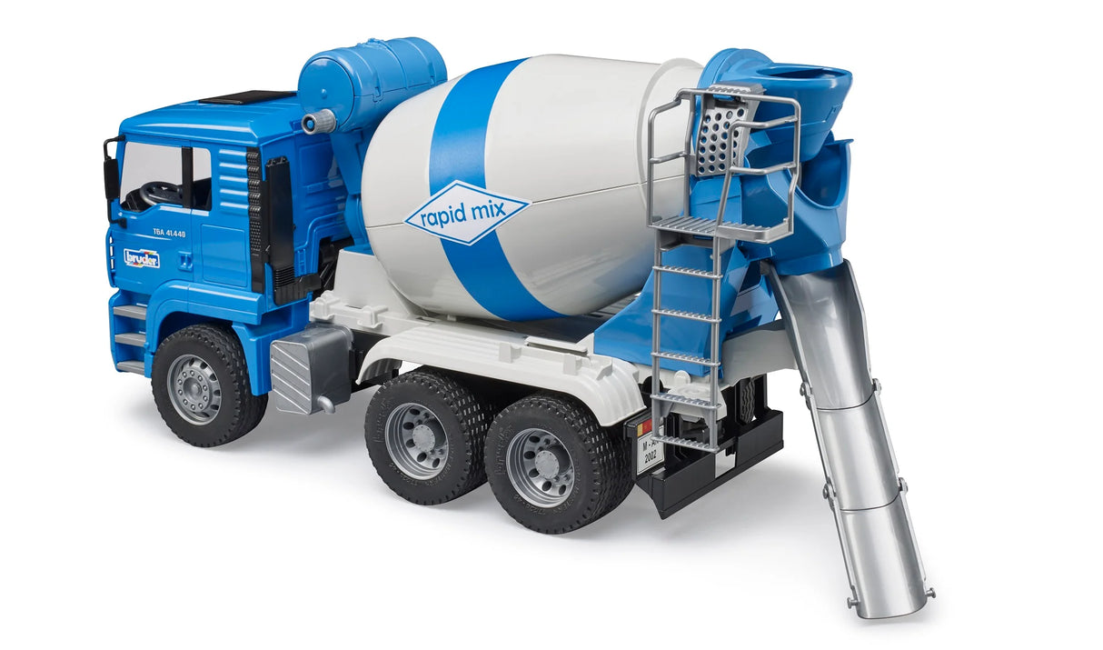 Blue and white toy cement mixer truck with detailed cabin, ladder, rotating drum, and metal chute on white background