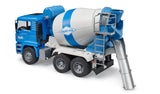 Blue and white toy cement mixer truck with detailed cabin, ladder, rotating drum, and metal chute on white background
