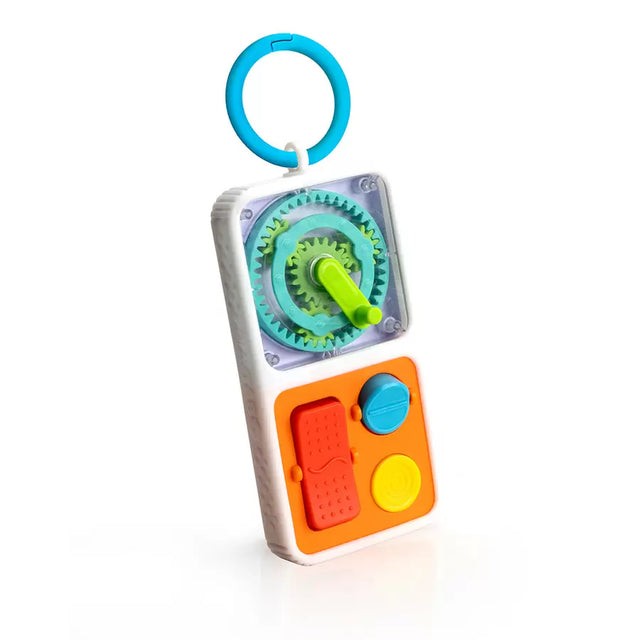 Portable PlayTab Go activity board with sensory tiles, clip for stroller, encouraging fine motor and cause-effect learning