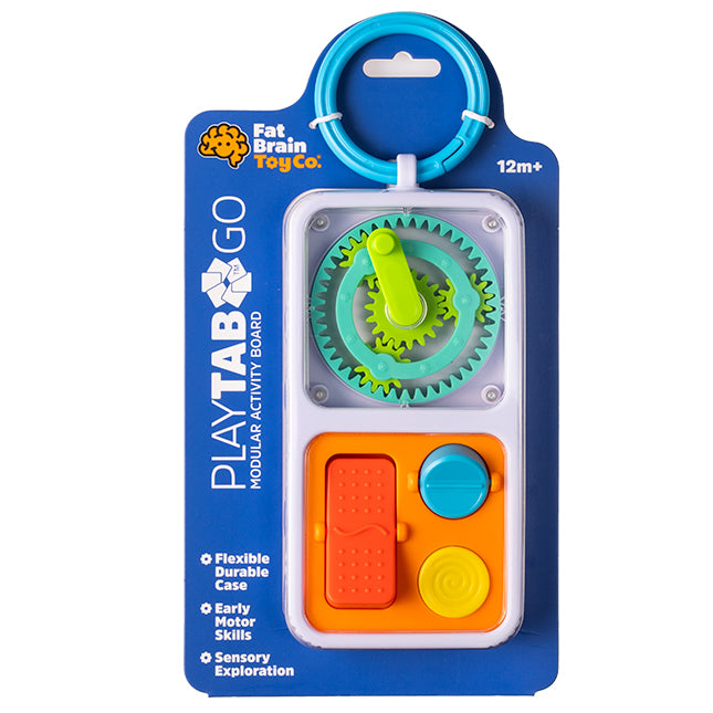 Portable PlayTab Go activity board with gears, buttons, and clip for sensory and motor skill play on the go.