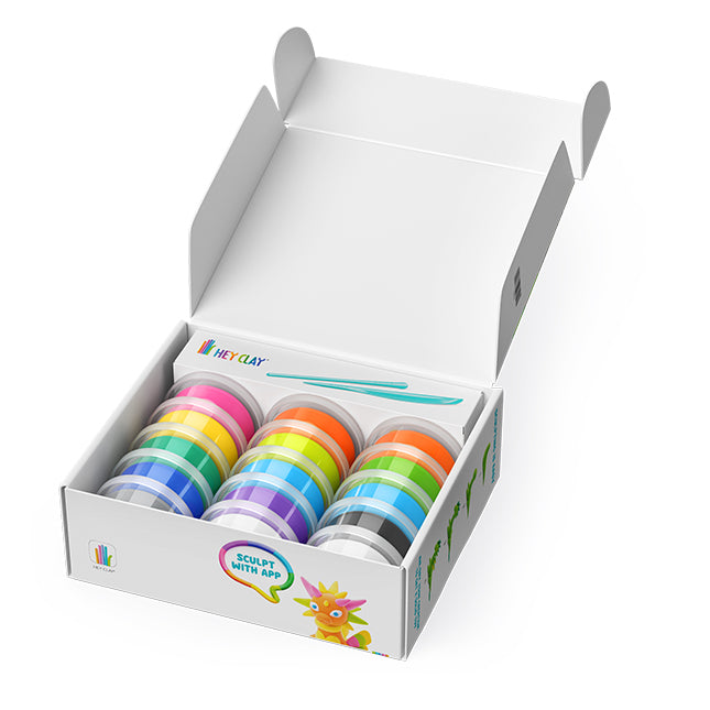 Hey Clay Dragon Island art set with colorful modeling clay tubs in an open display box