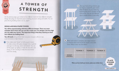 Open book showing engineer-themed paper tower building activity with instructions and diagrams for kids aged seven and up