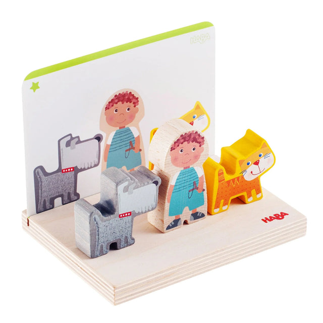 Wooden stacking toy with colorful farm animal and character pieces on a sturdy base, promoting creative play for children.