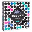 Sudoku puzzle box with colorful numbered pieces and a black and white interlocking design