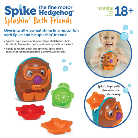 Spike Hedgehog Splashin Friend with four colorful shape shells for sensory and fine motor skills in bath or pool play.