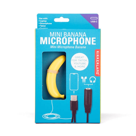 Mini Banana Microphone in colorful retail packaging with USB C adapter