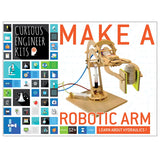 Make a Robotic Arm hydraulic science kit with a wooden robotic arm model and Curious Engineer Kit packaging