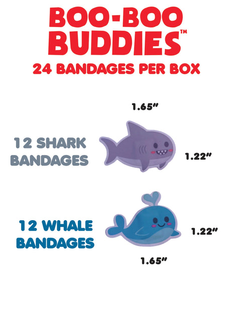 Shark & Whale Bandages featuring 24 sterile hydrocolloid adhesive bandages shaped like sharks and whales, FDA approved.