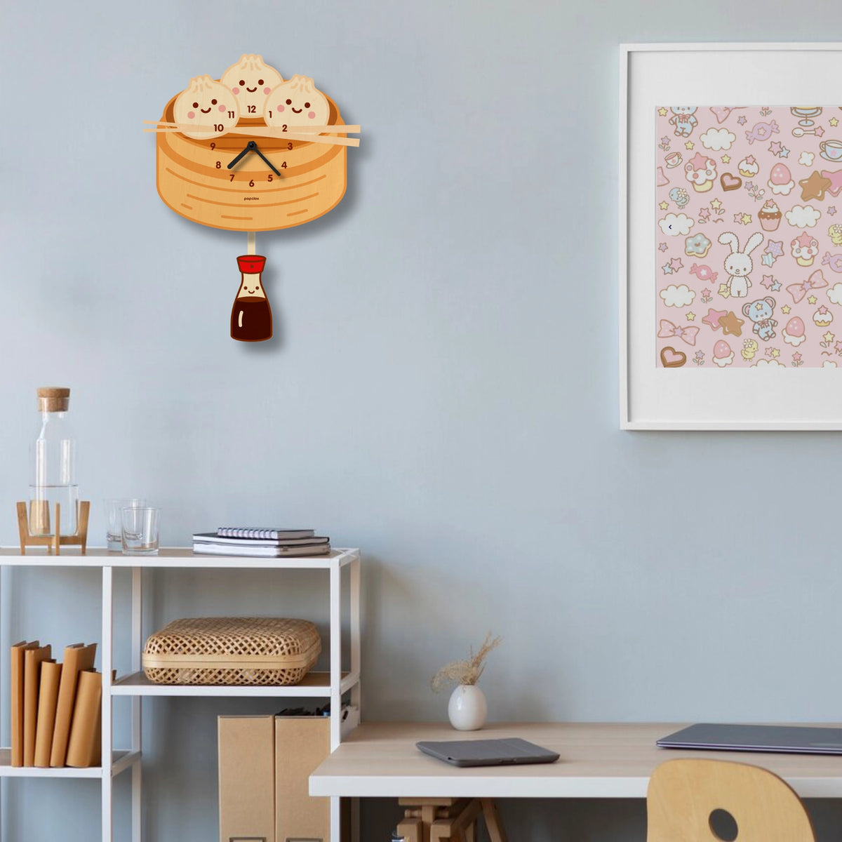 Wood Pendulum Clock | Dumplings featuring a whimsical dumpling design and hanging pendulum