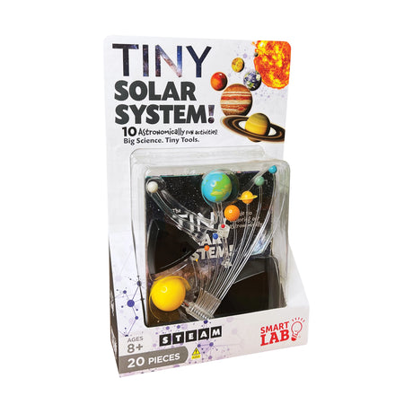 Miniature 20-piece solar system model with light-up sun, showing planets and interactive astronomy activities for kids ages 8 and up.