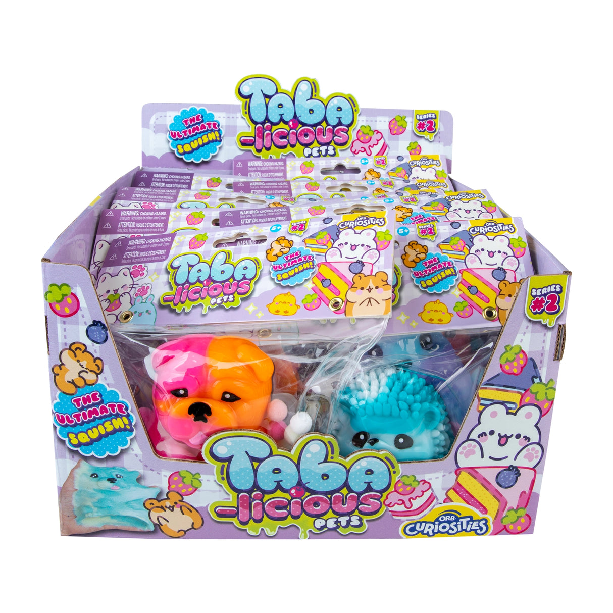 Colorful Taba-licious Pets squishy toys in a display box featuring cute dog and hedgehog designs for fun sensory play.