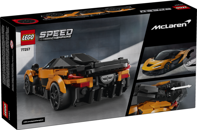 LEGO Speed Champions McLaren race car model in orange and black with detailed rear design and driver minifigure cockpit