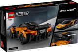 LEGO Speed Champions McLaren race car model in orange and black with detailed rear design and driver minifigure cockpit