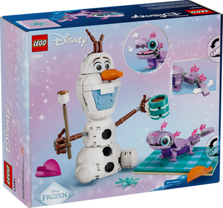 LEGO Disney Frozen Olaf and Bruni set featuring a smiling snowman and playful salamander with picnic accessories