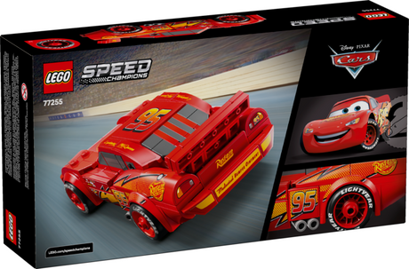 LEGO Speed Lightning McQueen model with racing number 95, lightning bolt, sponsor logos, and detailed tires