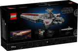 LEGO model of a Venator-Class Attack Cruiser from Star Wars displayed on a black stand with packaging background.