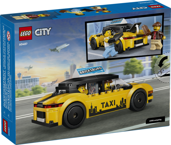 LEGO City model kit featuring a yellow taxi cab with driver and tourist minifigures for imaginative play