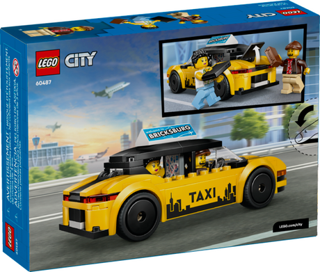 LEGO City model kit featuring a yellow taxi cab with driver and tourist minifigures for imaginative play