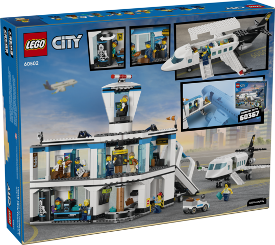 Lego City Airport toy set with model airplane, jet bridge, airport building, airport tug, and nine minifigures for play