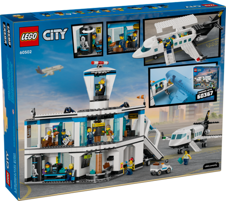 Lego City Airport toy set with model airplane, jet bridge, airport building, airport tug, and nine minifigures for play