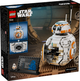 LEGO Star Wars BB-8 droid model with rotating head and opening compartment, displayed on sci-fi background surface.