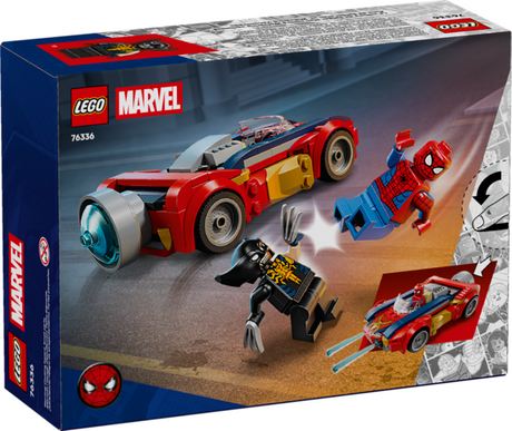 LEGO Marvel set featuring Spider-Man and Venomized Wolverine with a red racing car on the box background.