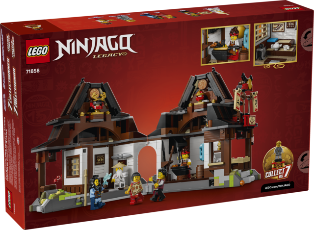 LEGO Ninjago Four Weapons Blacksmith building set with detailed forge, bedroom, and four minifigures on a red background.