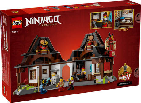 LEGO Ninjago Four Weapons Blacksmith building set with detailed forge, bedroom, and four minifigures on a red background.