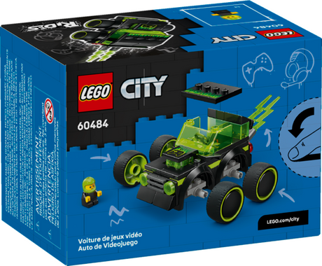 LEGO City block set featuring a neon green and black gaming race car with a driver mini figure and accessories.