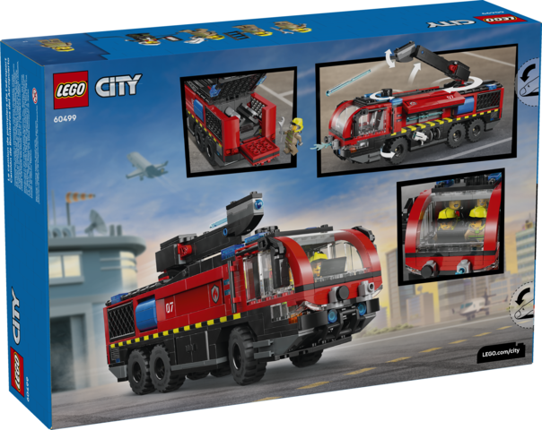 Model fire truck toy with 360-degree roof extinguisher arm, opening side bays, and chunky rubber tires for kids to build and steer