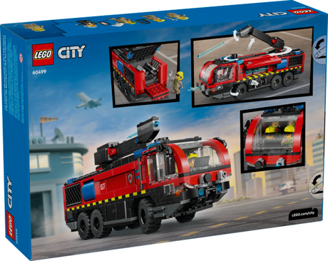 Model fire truck toy with 360-degree roof extinguisher arm, opening side bays, and chunky rubber tires for kids to build and steer