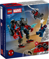 LEGO Marvel Super Heroes Miles Morales mech with articulated limbs battling Spider-Man 2099 minifigures in a dynamic playset.