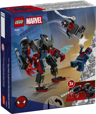 LEGO Marvel Super Heroes Miles Morales mech with articulated limbs battling Spider-Man 2099 minifigures in a dynamic playset.
