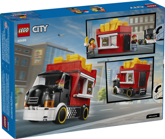 LEGO City fries truck toy with vendor and customer minifigures and removable kiosk for play and display