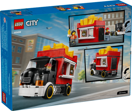 LEGO City fries truck toy with vendor and customer minifigures and removable kiosk for play and display
