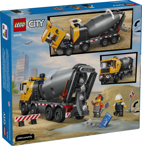 LEGO City toy cement mixer truck with revolving drum, eight wheels, and three construction worker minifigures for play