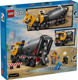LEGO City toy cement mixer truck with revolving drum, eight wheels, and three construction worker minifigures for play
