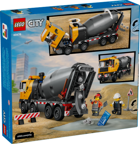 LEGO City toy cement mixer truck with revolving drum, eight wheels, and three construction worker minifigures for play