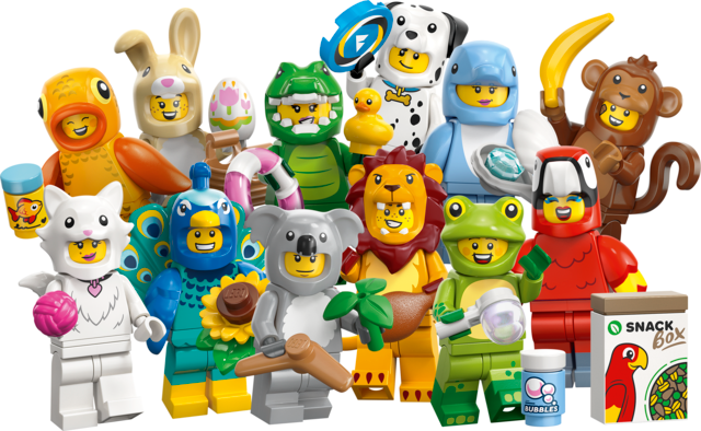 Group of collectible minifigures dressed in various animal costumes including lion, frog, monkey, and parrot with accessories