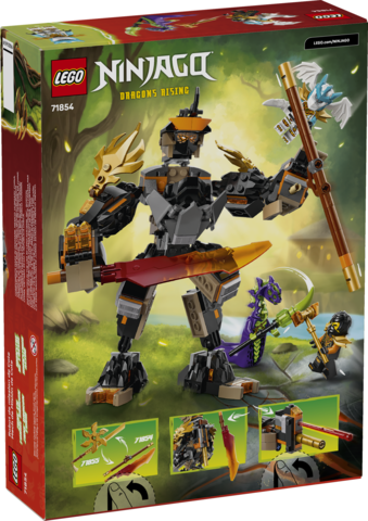 LEGO Ninjago mech with posable limbs and dragon figure fighting with two ninja minifigures in forest background