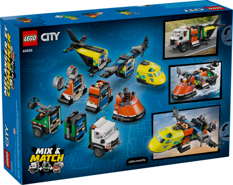 LEGO City model building kit featuring a medical plane, service truck, hovercraft, and three rescue minifigures