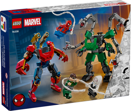 LEGO Marvel Spider-Man and Doc Ock mech figures battle with Ghost-Spider and a villain minifigure on city street background