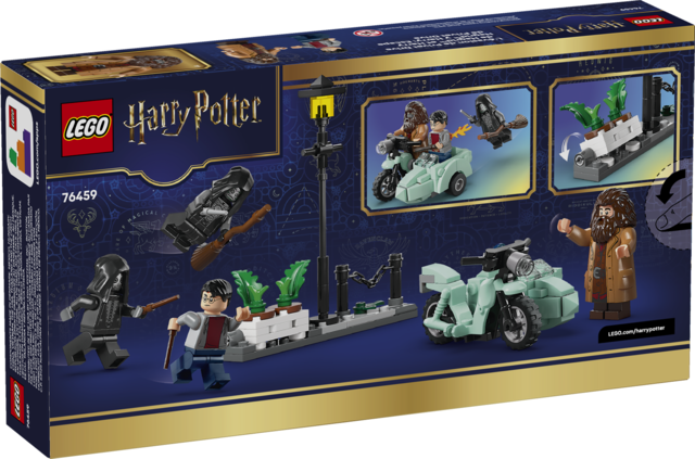 LEGO Harry Potter set showing Hagrid and Harry escaping Privet Drive on a motorcycle with sidecar and Dementor figure.