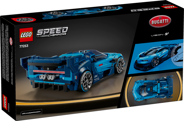 LEGO Speed Champions set of blue Bugatti Vision GT hyper sports car with detailed design and minifigure driver accessories