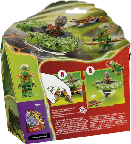 Lloyd and Earth Monster minifigures battle on a spinning launcher toy with elemental power parts flying off on impact.