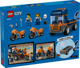 LEGO City flatbed truck with two orange motorcycles and two minifigure drivers for creative play and building fun
